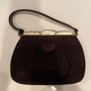 Vintage dark brown suede purse with mother of pearl clasp